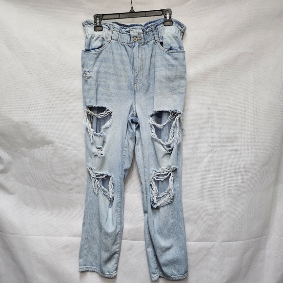 Kancan Severely Distressed Paper Bag Waist Light Wash Blue Denim Jeans Size 15 - Picture 1 of 6